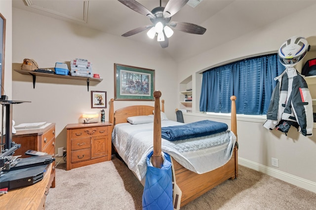 carpeted bedroom featuring ceiling fan and lofted ceiling