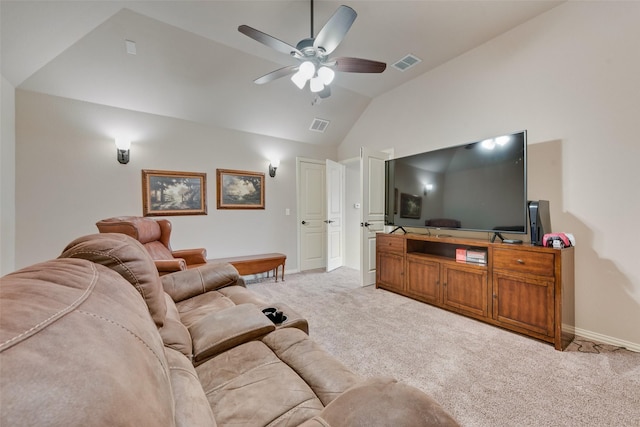 living room with light carpet, vaulted ceiling, and ceiling fan