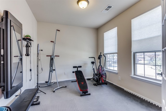 workout room featuring carpet floors