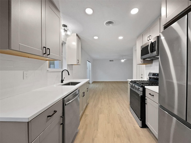 kitchen with sink, decorative backsplash, gray cabinets, light wood-type flooring, and stainless steel appliances