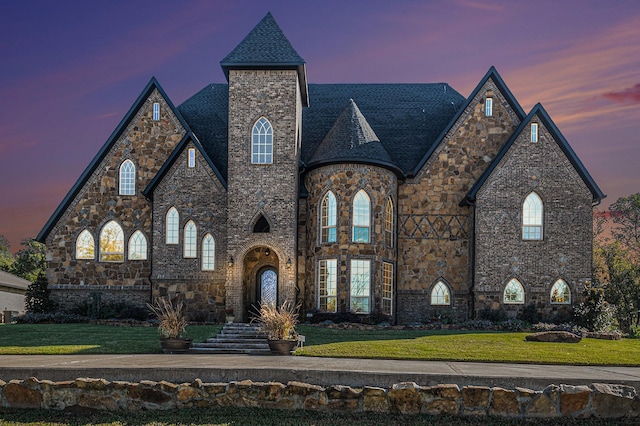 1714 Maranatha Way, Southlake, TX 76092 - french country home featuring stone siding, a lawn, and a shingled roof