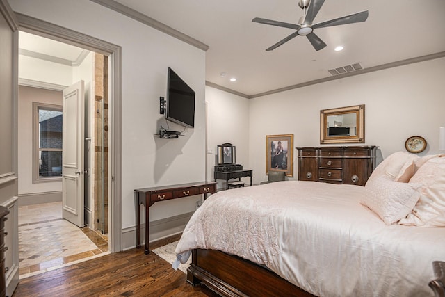 bedroom with crown molding, ceiling fan, and dark hardwood / wood-style floors