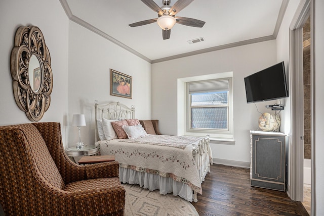 bedroom with ornamental molding, dark hardwood / wood-style floors, and ceiling fan