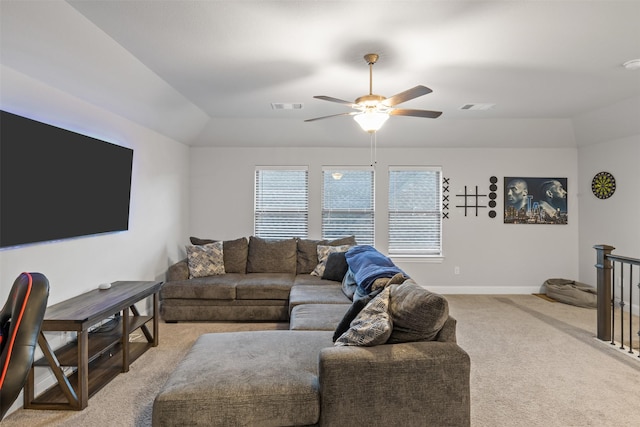 living room with ceiling fan and light colored carpet