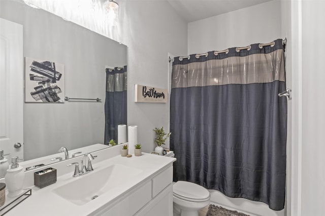 full bathroom with shower / bath combination with curtain, vanity, toilet, and tile patterned floors