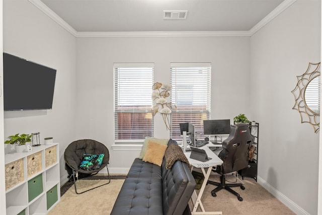 carpeted office space featuring ornamental molding