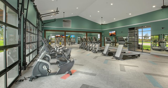 workout area featuring carpet floors, high vaulted ceiling, and ceiling fan