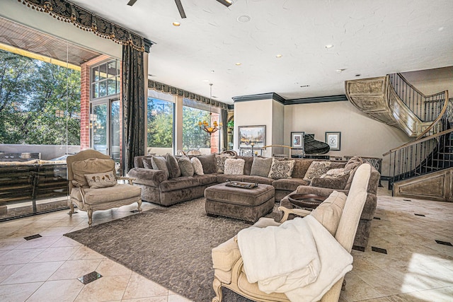 living room with light tile patterned floors and an inviting chandelier