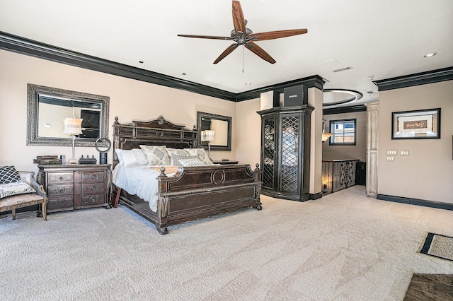 bedroom featuring ceiling fan, ornamental molding, and carpet floors