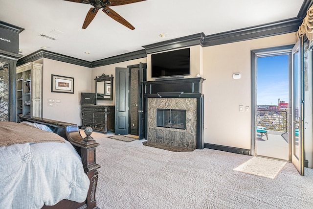 bedroom featuring ceiling fan, ornamental molding, carpet, and access to outside