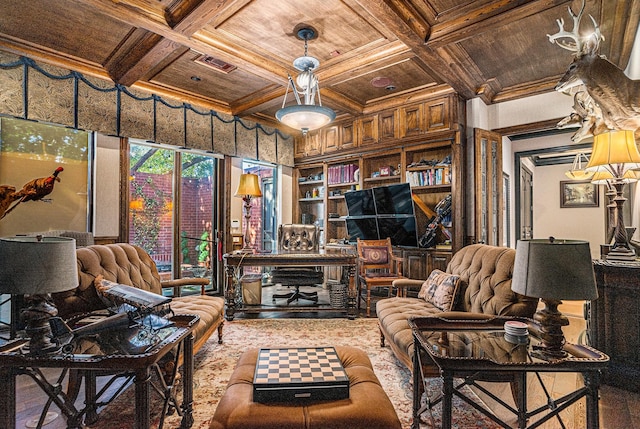 living area with crown molding, coffered ceiling, hardwood / wood-style flooring, and wooden ceiling