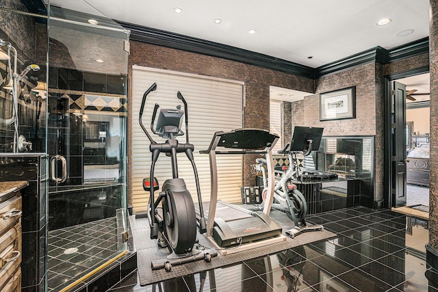 workout room with crown molding