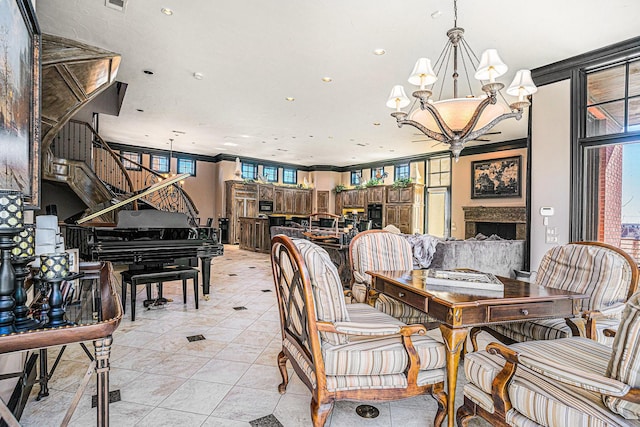 tiled dining area featuring an inviting chandelier and ornamental molding