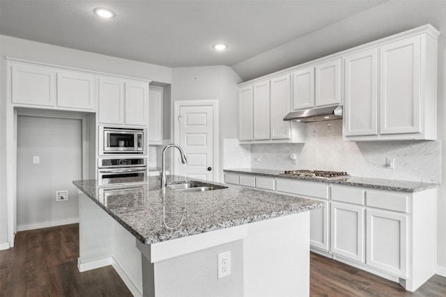 kitchen with under cabinet range hood, a sink, dark wood-style floors, stainless steel appliances, and white cabinets
