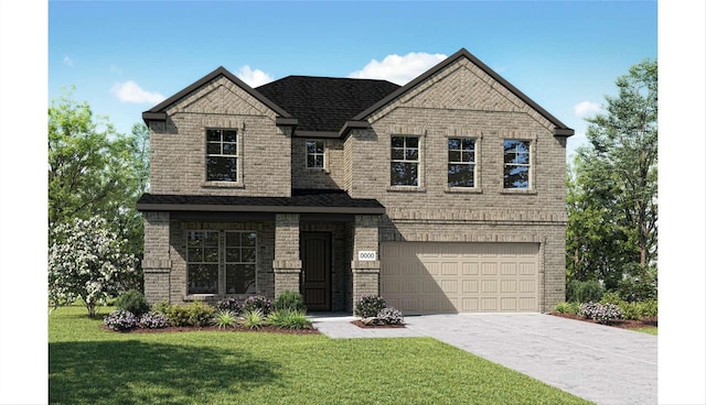 view of front of house featuring a garage and a front lawn