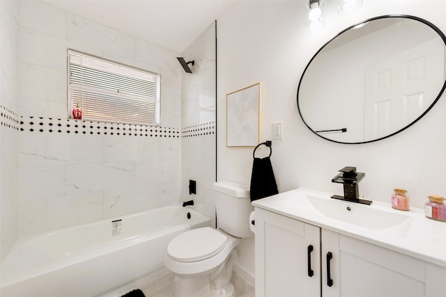 full bathroom featuring vanity, tiled shower / bath combo, and toilet