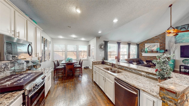 kitchen with sink, stainless steel appliances, dark hardwood / wood-style flooring, a textured ceiling, and vaulted ceiling