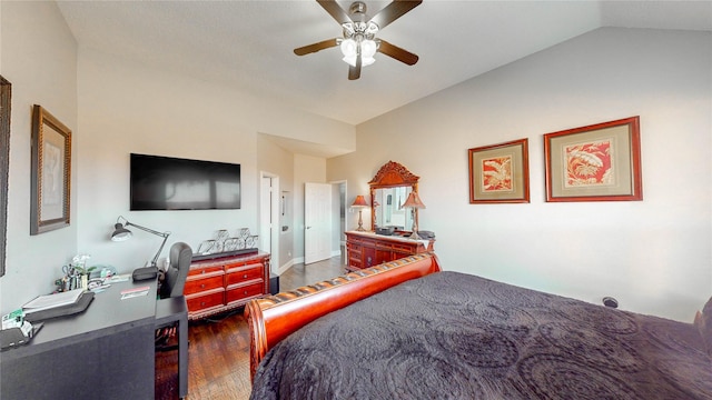 bedroom featuring hardwood / wood-style flooring, ceiling fan, and lofted ceiling