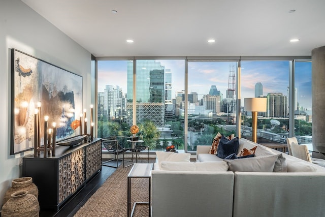 living room featuring dark hardwood / wood-style flooring and expansive windows