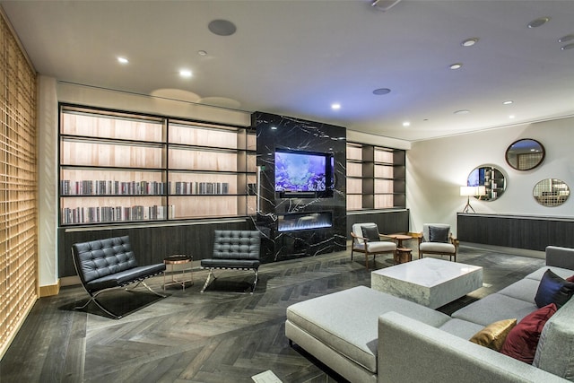 living room with dark parquet floors