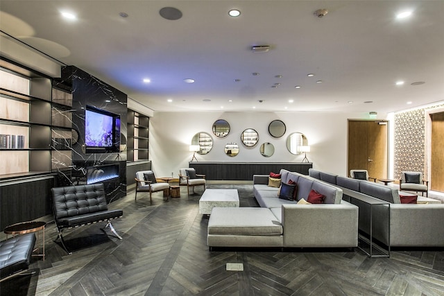 living room with parquet floors