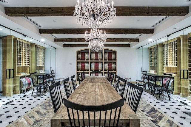 carpeted dining space with beam ceiling and a notable chandelier