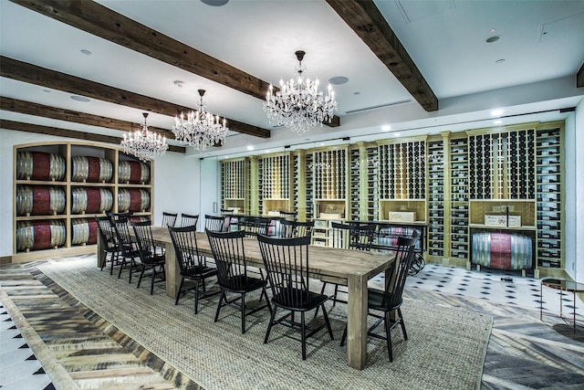 wine area featuring beamed ceiling and a notable chandelier