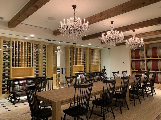 interior space featuring beamed ceiling and an inviting chandelier