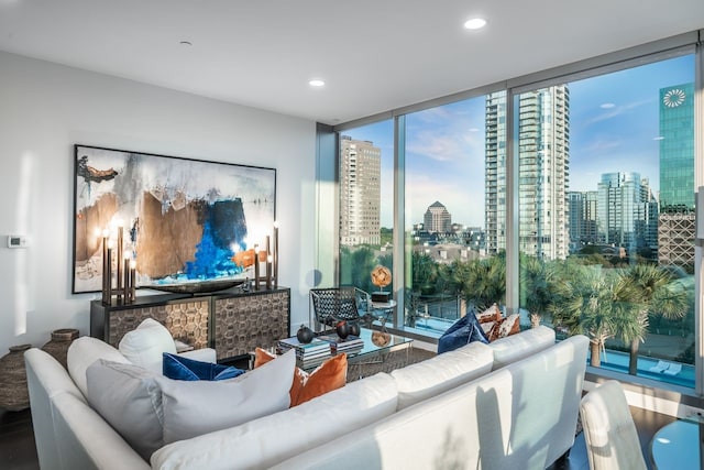 living room with hardwood / wood-style flooring, a healthy amount of sunlight, and a wall of windows