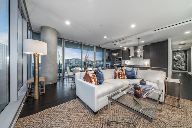 living room with dark hardwood / wood-style flooring and a wall of windows