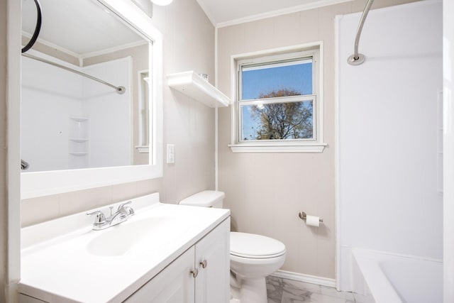 full bathroom with vanity, ornamental molding, toilet, and washtub / shower combination