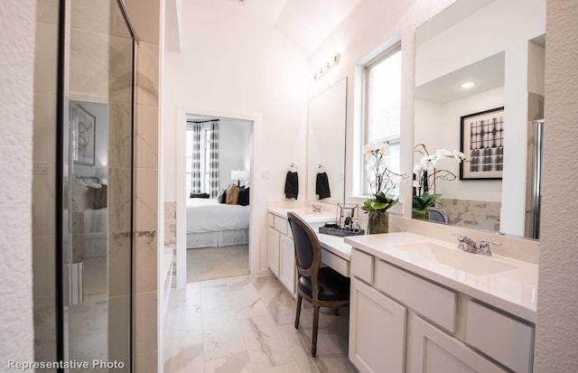 bathroom featuring marble finish floor, vanity, a shower stall, and connected bathroom