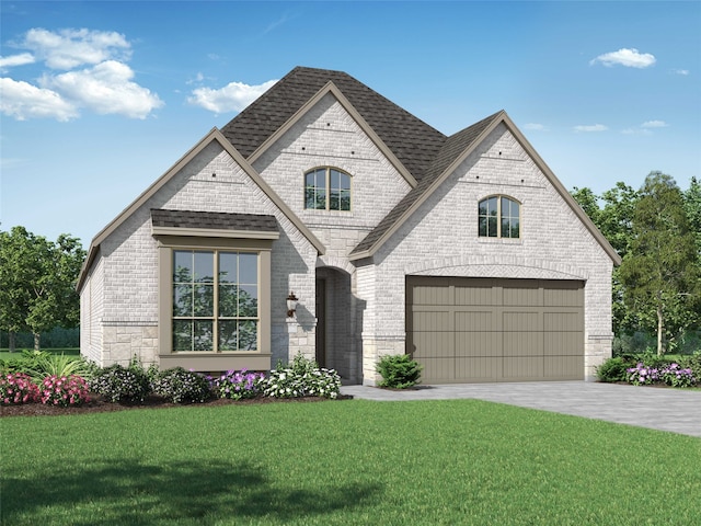 french country home featuring a front yard, roof with shingles, concrete driveway, a garage, and brick siding