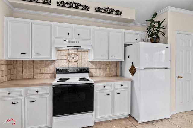 kitchen with white cabinets, light tile patterned floors, white appliances, and ventilation hood