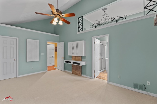 bedroom with ensuite bathroom, ceiling fan, light carpet, and high vaulted ceiling