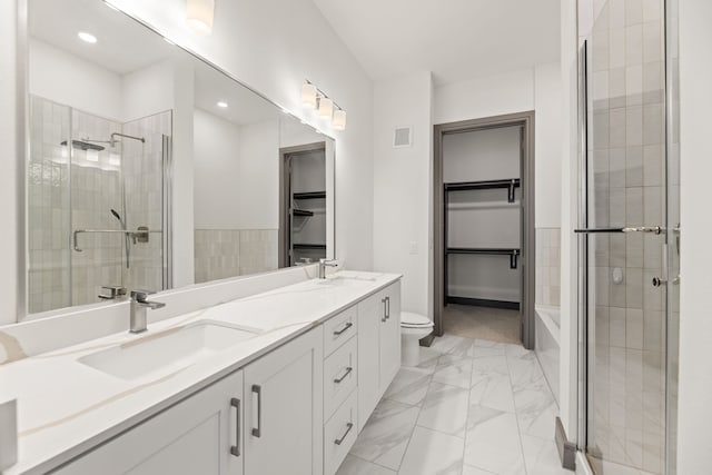 bathroom featuring vanity, toilet, and a shower with shower door