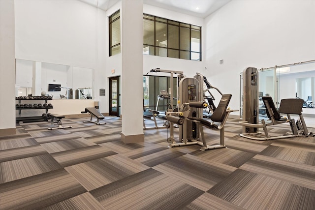 workout area with carpet floors, plenty of natural light, and a towering ceiling