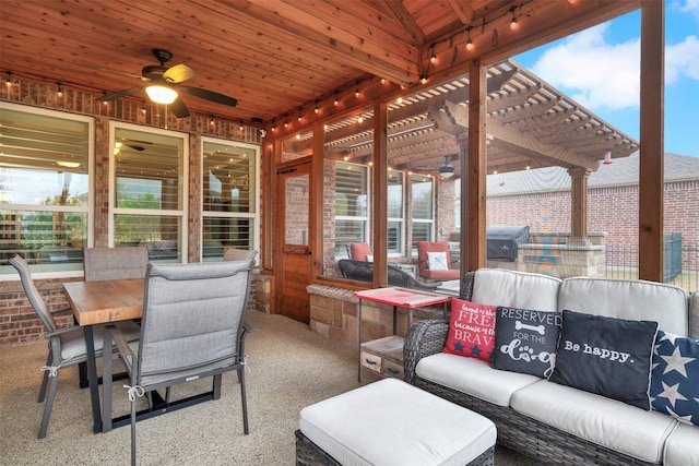 view of patio / terrace featuring area for grilling, an outdoor hangout area, and a pergola