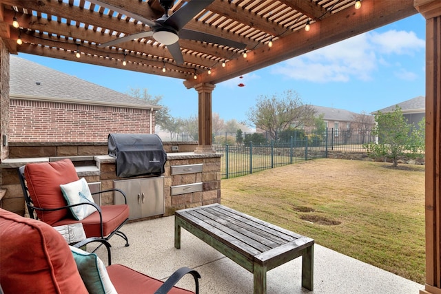 view of patio / terrace featuring a pergola, exterior kitchen, a grill, and ceiling fan