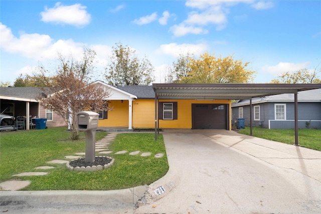 single story home featuring a front yard, a garage, and a carport