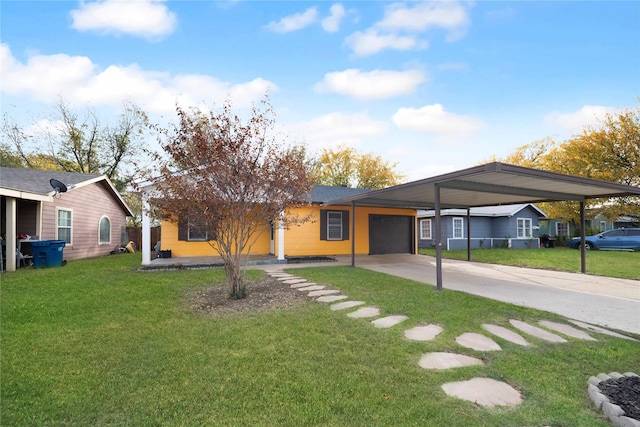 ranch-style home with a garage and a front yard