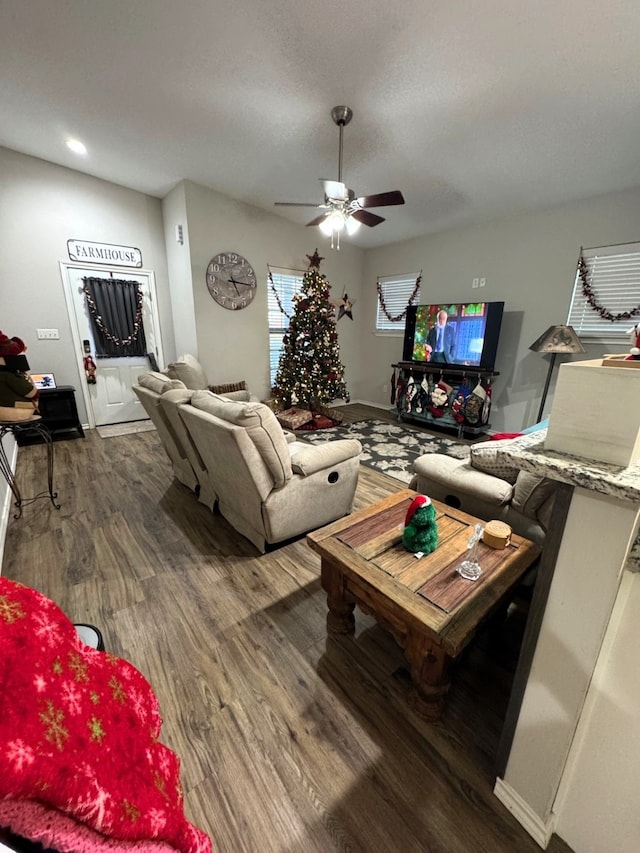 living room featuring ceiling fan and dark hardwood / wood-style flooring