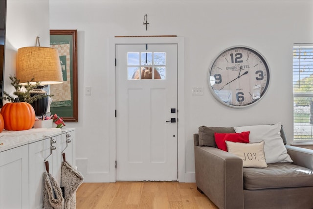 foyer with a healthy amount of sunlight and light hardwood / wood-style flooring