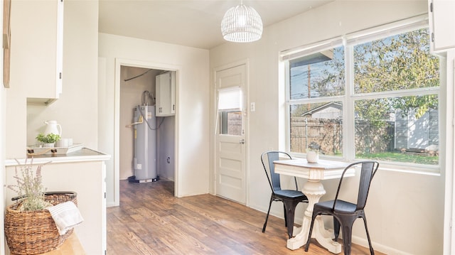 dining space featuring electric water heater, hardwood / wood-style flooring, and a healthy amount of sunlight