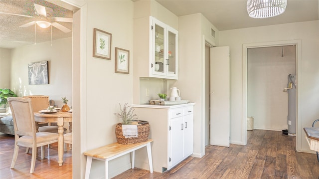 hall featuring electric water heater, dark hardwood / wood-style flooring, and a textured ceiling