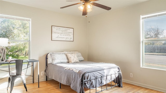 bedroom featuring ceiling fan and light hardwood / wood-style flooring