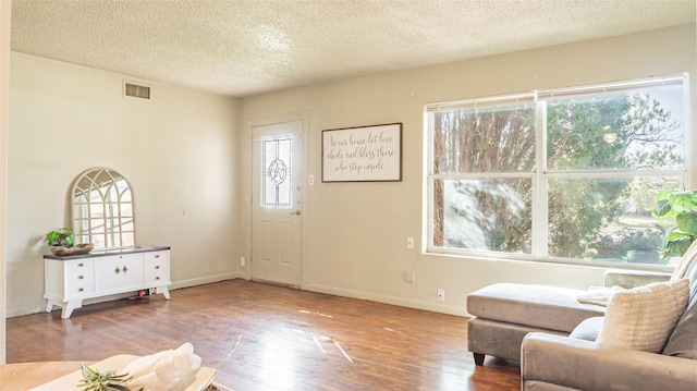 entryway with hardwood / wood-style floors, a healthy amount of sunlight, and a textured ceiling