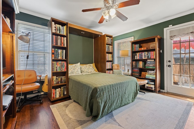 bedroom with access to exterior, crown molding, ceiling fan, and wood finished floors