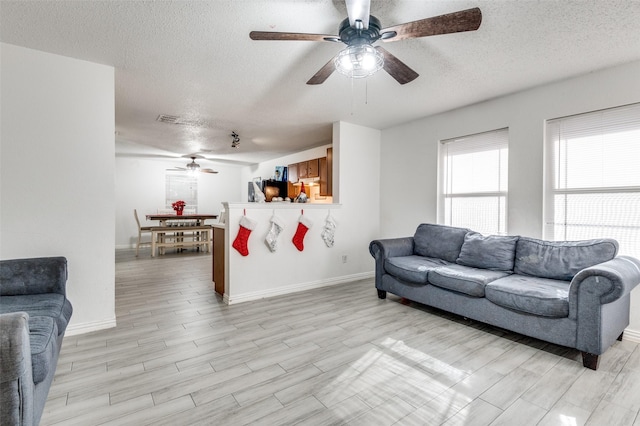 living room with light hardwood / wood-style floors and a textured ceiling