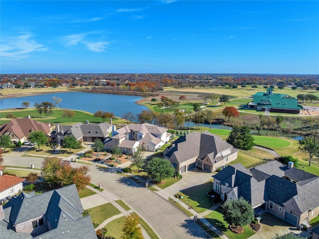 bird's eye view featuring a residential view, a water view, and view of golf course